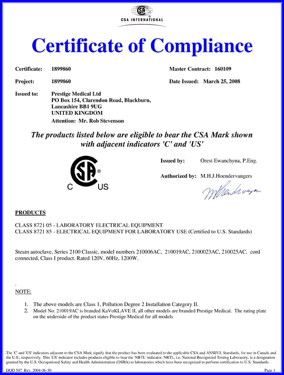 autoclave csa compliance certificate