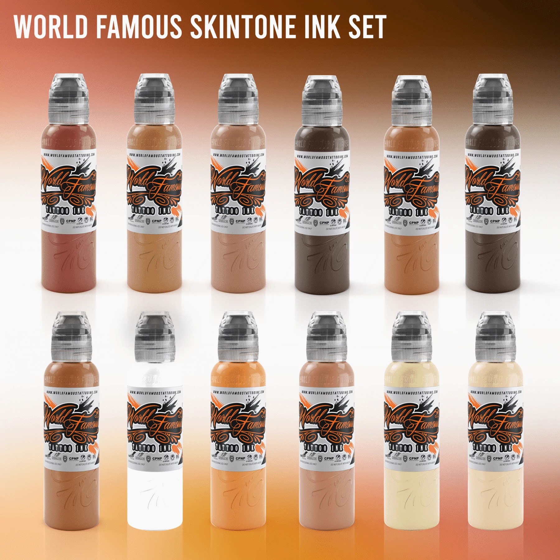 World Famous Tattoo Ink 12 bottle Color Skintone Set