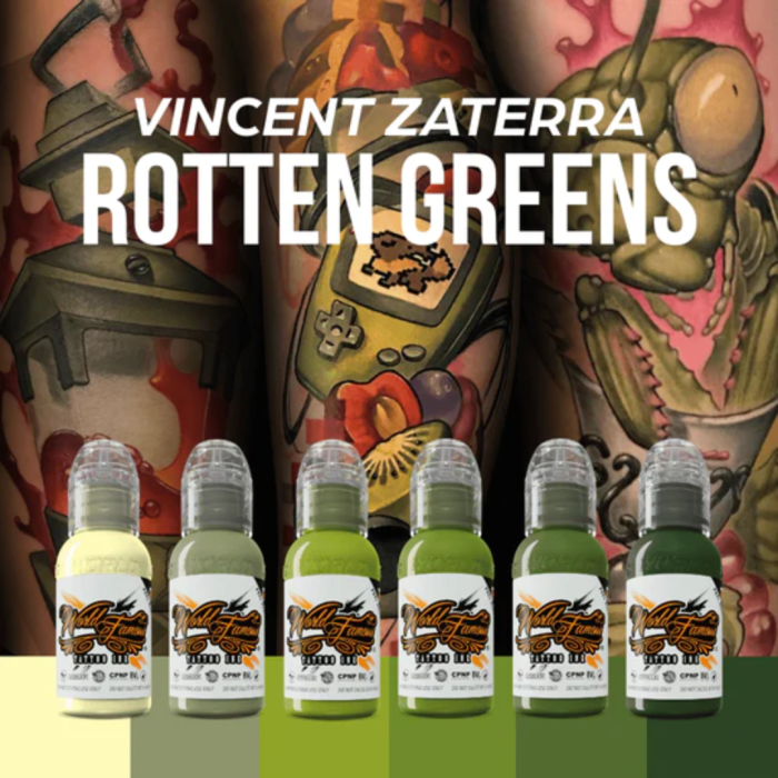 World Famous Tattoo Ink 6 Bottle Vincent Zaterra Rotten Greens Ink Set